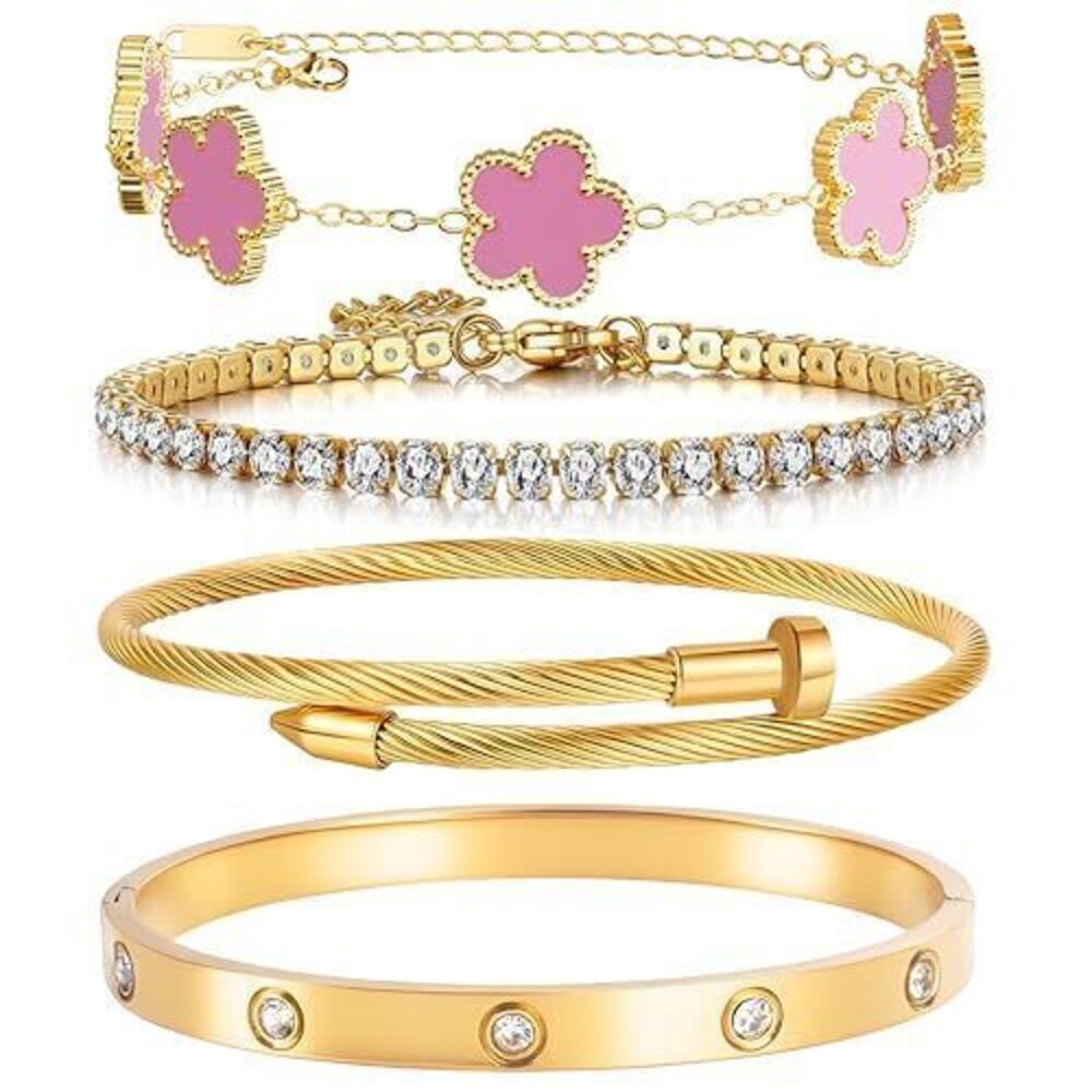 9741 18K Gold Plated Stackable Floral Gold Clover Bracelets Set Love Bangle